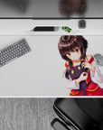 Cozy cute anime desk pad 40x20 inches in soft shading, warm glowing eyes, and crisp white background.