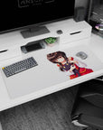 Anime girl hugging black plush on desk pad 36x16 inches, glossy hair and cheeky expression.