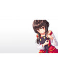 Anime girl desk pad 40x20 inches with clean white space, red-gold accents, and black plush companion.