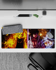 32x12 inches anime mouse pad in fiery orange and electric purple, intense lightning-and-flame mood.