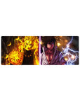 32x12 inches anime mouse pad featuring a split Naruto vs Sasuke battle design with sparks and energy.