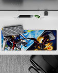 32x12 inches anime mouse pad in deep blues and bright whites with Earth glow and orange spark bursts.