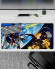 32x16 inches anime mouse pad in deep blues and bright whites with orange sparks, glowing Earth backdrop.