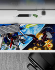 36x16 inches anime mouse pad in deep blues and bright whites with Earth glow and orange spark bursts.