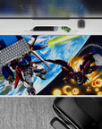 40x20 inches anime desk pad in deep blue and bright white with Earth glow and fiery orange sparks.