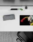 Deep black backdrop anime mouse pad 14x10 inches with yellow suit, red gloves, stormy cape energy.