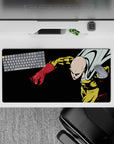 32x16 inches anime mouse pad in deep black with bright yellow suit and glossy red gloves, intense action vibe.