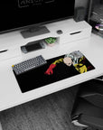 28x12 inches One Punch Man mouse pad showing Saitama with cape snapping, fist forward, calm stare.