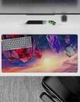 Anime girl desk pad 32x16 inches in deep navy, gold horizon glow, red-violet hair, cozy romantic mood.
