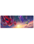 Anime girl mouse pad 32x12 inches with floating girls above sunrise clouds, starry space desk pad.