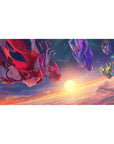 Anime girl desk pad 40x20 inches with floating girls above sunrise clouds and starry space backdrop.