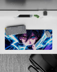 28x12 inches anime mouse pad in electric blues and deep purples, intense moody glow for gaming desks.