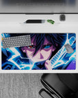 32x16 inches anime mouse pad in deep purples and inky shadows with electric blue lightning accents.