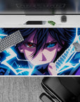 40x20 inches anime desk pad in electric blues, deep purples, and inky shadows for a dark, edgy vibe.