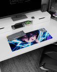 28x12 inches Naruto Sasuke Uchiha mouse pad with Sharingan stare, lightning aura around his blade.