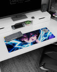 32x12 inches Sasuke Uchiha Naruto mouse pad, staring forward as blue lightning crackles around his blade.
