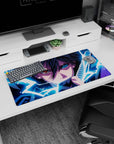 Naruto Sasuke Uchiha anime mouse pad 32x16 inches, piercing stare and lightning-charged sword scene.