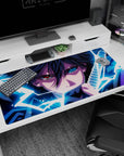 Naruto Sasuke Uchiha 40x20 inches desk pad with Sharingan stare and lightning aura around his sword.