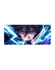 28x12 inches anime mouse pad featuring a fierce swordsman with crackling energy and dark shadows.