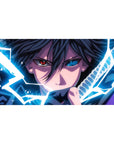 Anime desk pad 40x20 inches with intense shinobi artwork and glowing blade for smooth gaming and work.