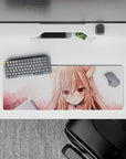 32x12 inches anime girl mouse pad in blush pink and peach tones for a cozy pastel desk setup.