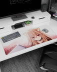 36x16 inches desk pad showing a sweet wolf-eared anime girl gazing forward in soft blush clouds.