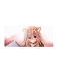 Anime girl mouse pad 28x12 inches with wolf-eared anime girl, glossy eyes, pastel pink gradient background.