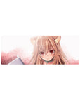 32x12 inches anime girl mouse pad with wolf ears, glossy eyes, and soft pink gradient background.
