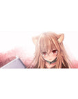36x16 inches anime girl desk pad with wolf ears, glossy eyes, and soft pastel pink background.