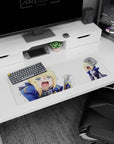 Artistic 32x12 inches mouse pad featuring a panicked hero in full armor, blending humor and cuteness in a dramatic, tear-filled moment.