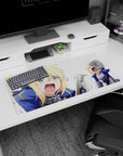 Modern 32x16 inches mouse pad featuring a panicked hero in full armor, blending comedy and cuteness with a hilarious, tear-filled expression.