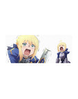 Mouse pad featuring a panicked hero in full armor, 28x12 inches, with tears and a dramatic expression, capturing comedic cuteness.