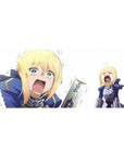 Desk pad featuring a panicked hero in full armor, 36x16 inches, with tears streaming down their face in a hilarious and adorable moment.