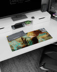 Confident blonde anime girl looking back, gloved hand reaching forward on 28x12 inches mouse pad.