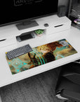 Anime girl mouse pad 32x12 inches showing a teasing back-glance, gloved hand reaching out through neon clouds.