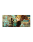 Anime girl mouse pad 28x12 inches with blonde ponytail, dark outfit, and glowing sci-fi rings.