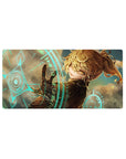 32x16 inches anime girl mouse pad with high ponytail heroine, dark outfit, glowing sci‑fi rings and glyphs.