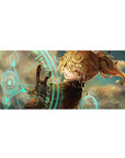 Anime girl desk pad 36x16 inches with high ponytail heroine, dark outfit, glowing sci‑fi rings.