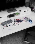 Purple-haired archer anime girl desk pad 36x16 inches, flowing cape like paint on a clean white scene.