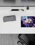 Cozy midnight-blue and pink anime mouse pad 14x10 inches with gold accents and soft lantern glow.