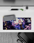 Cozy dramatic 28x12 inches anime mouse pad in midnight blue, pink hair, purple kimono, gold highlights.