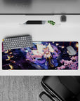 32x12 inches anime mouse pad in midnight blue with pink and purple shimmer, cozy dramatic lantern glow.