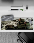 Anime girl mouse pad 32x12 inches in dusty grey and muted khaki, cozy chaos vibe with ember specks.