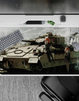 Cinematic dusty greys and muted khaki anime desk pad 40x20 inches with cozy chaos ember-speck mood.
