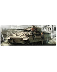 Anime girl mouse pad 32x12 inches with two orange-haired girls on a battle tank, crisp cinematic linework.