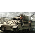 Anime girl desk pad 40x20 inches with two orange-haired girls on a tank, crisp linework and rifles.