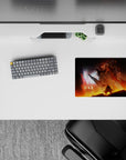 14x10 inches anime mouse pad in smoky black with icy pink glow and ember-orange lava tones, dramatic vibe.