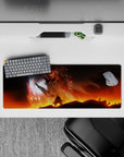 32x12 inches anime mouse pad in smoky black, ember orange, and icy pink glow, battlefield-at-sunset vibe.