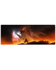 32x12 inches anime mouse pad featuring Gundam-style mecha clash with pilot silhouette and lava-gold monster.