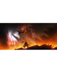 36x16 inches anime desk pad with Gundam-style mech duel, pilot silhouette, lava beast and icy pink glow.